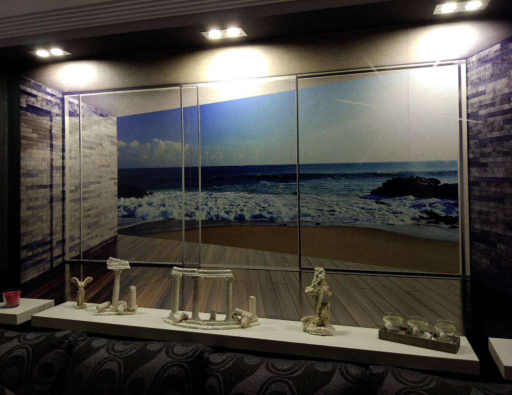 Fotomural 3d con ventana y salida al mar